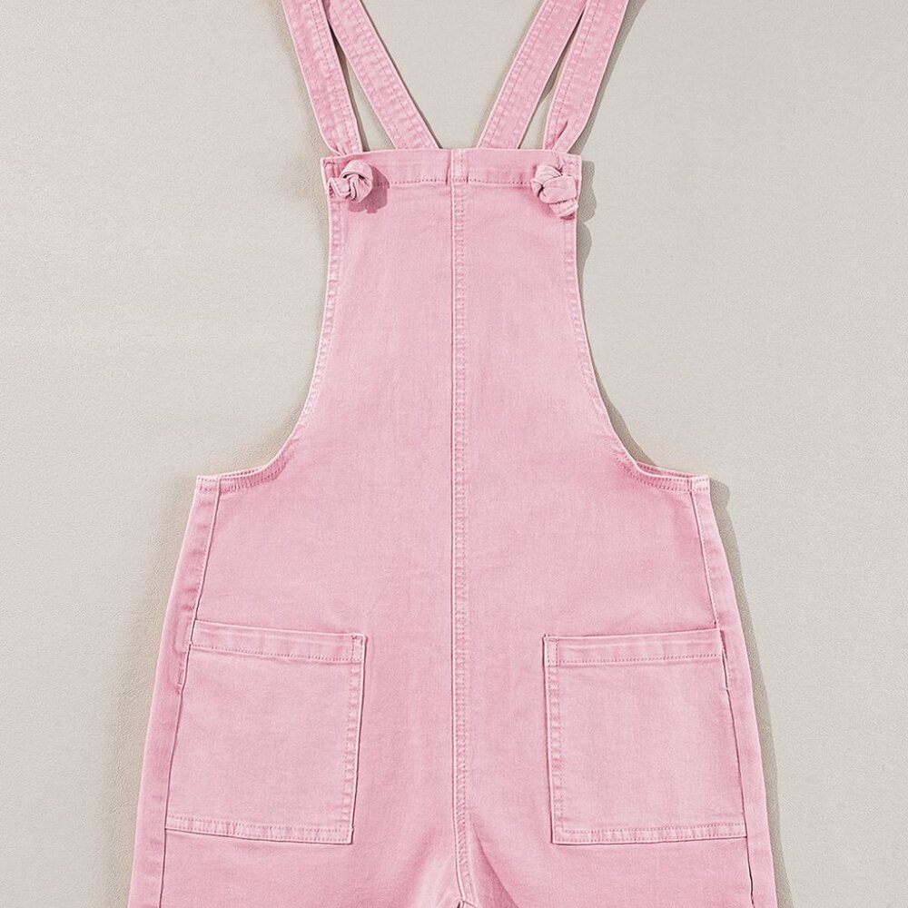 B240 Pink Solid Color Knot Straps Denim Romper with Pockets - Picture 6 of 10